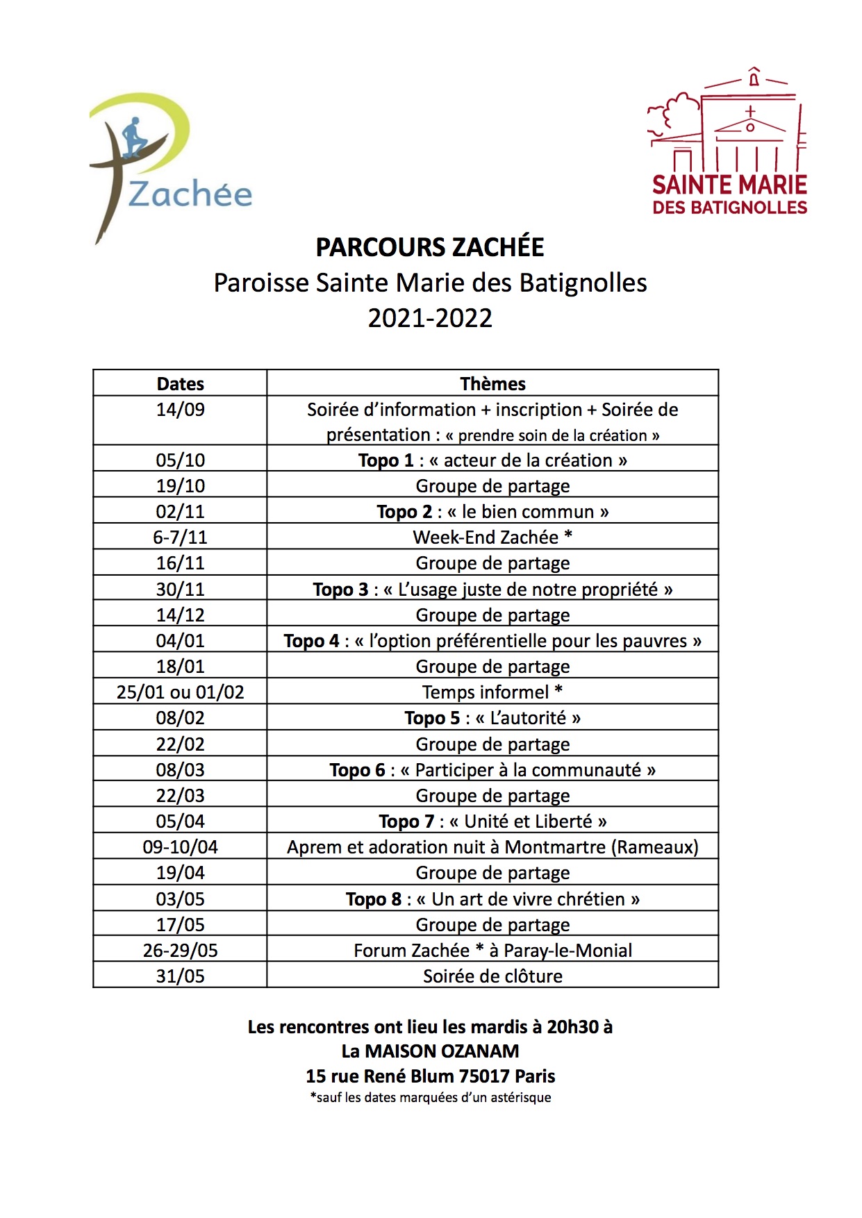 Calendrier des séances